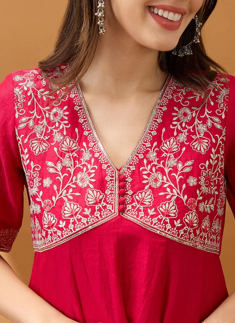 globus Pink Globus Women Pink Sequinned Floral Embroidered Yoke V-Neck Alia Cut A-Line Festive Kurta for Women | Best Price UAE